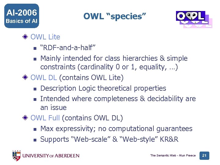 AI-2006 Basics of AI OWL “species” OWL Lite n “RDF-and-a-half” n Mainly intended for