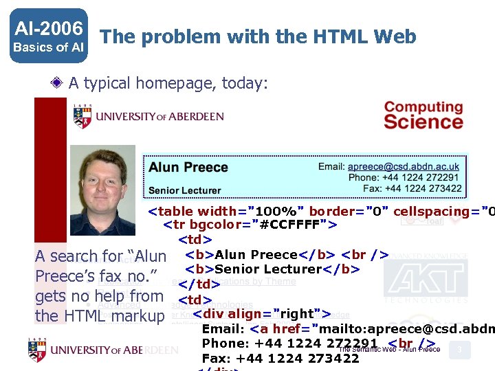 AI-2006 The problem with the HTML Web Basics of AI A typical homepage, today: