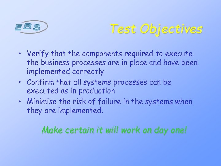 Test Objectives • Verify that the components required to execute the business processes are