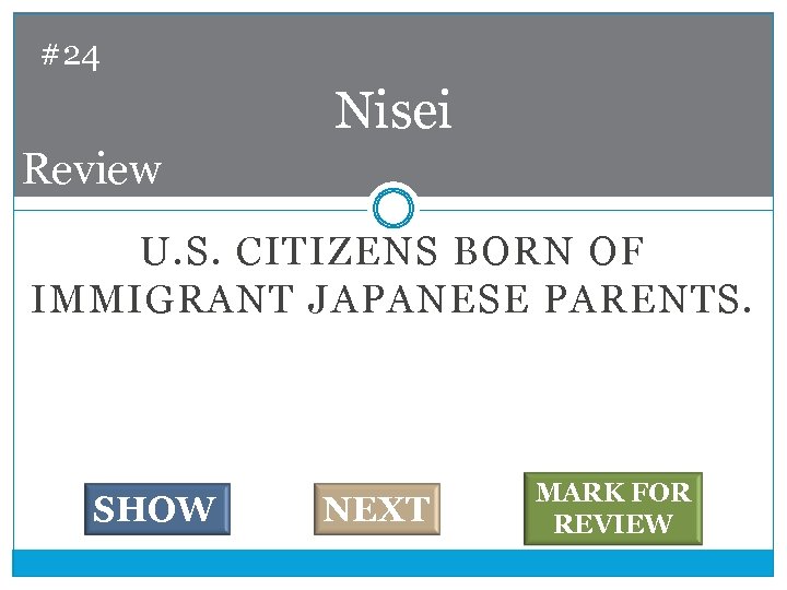 #24 Nisei Review U. S. CITIZENS BORN OF IMMIGRANT JAPANESE PARENTS. SHOW NEXT MARK