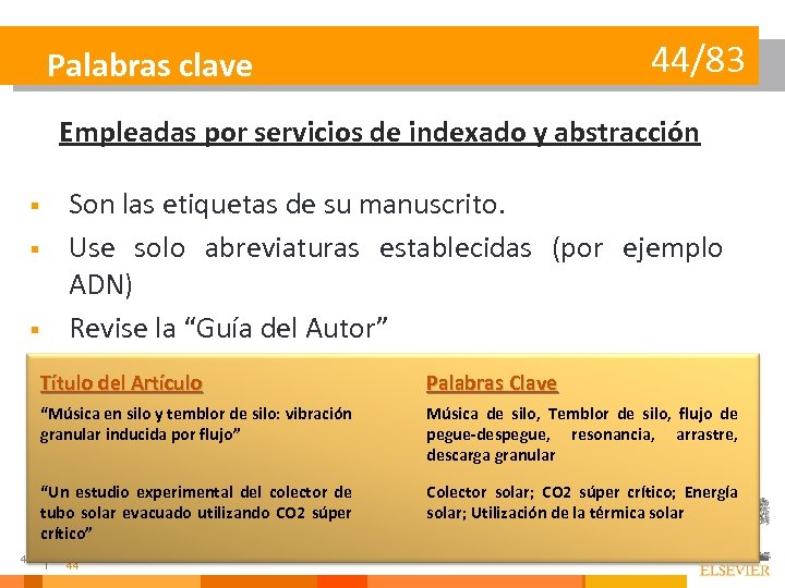 44/83 Palabras clave Empleadas por servicios de indexado y abstracción § § § Son