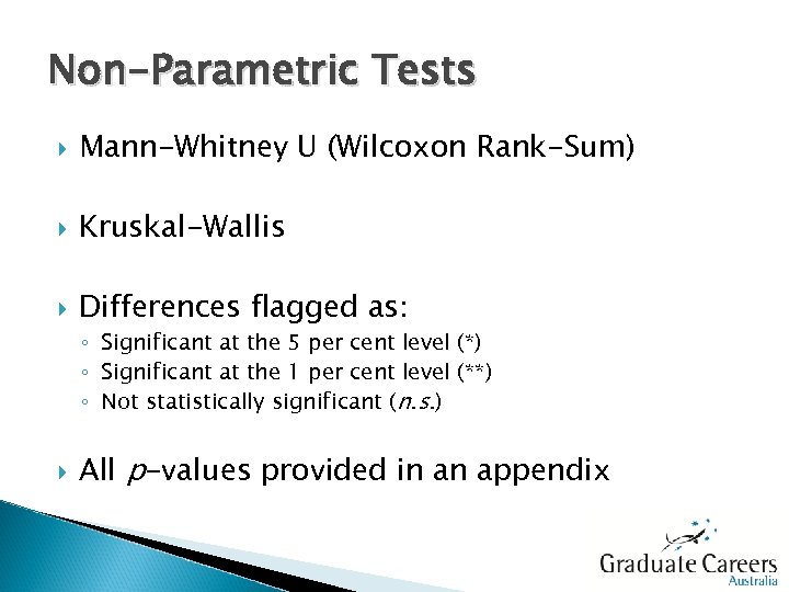 Non-Parametric Tests Mann-Whitney U (Wilcoxon Rank-Sum) Kruskal-Wallis Differences flagged as: ◦ Significant at the
