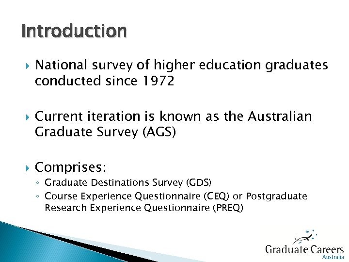 Introduction National survey of higher education graduates conducted since 1972 Current iteration is known