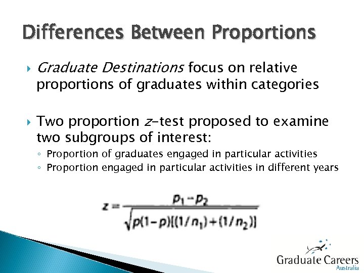 Differences Between Proportions Graduate Destinations focus on relative proportions of graduates within categories Two