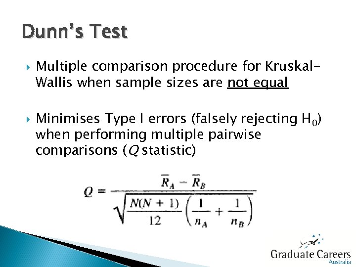 Dunn’s Test Multiple comparison procedure for Kruskal. Wallis when sample sizes are not equal