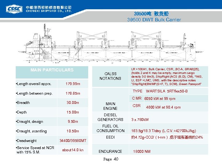 39500吨 散货船 39500 DWT Bulk Carrier MAIN PARTICULARS • Length overall apprx. 179. 99