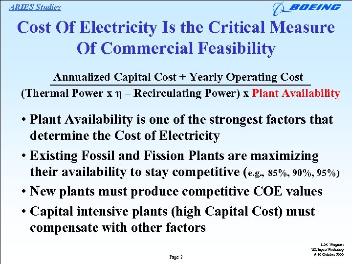 ARIES Studies Cost Of Electricity Is the Critical Measure Of Commercial Feasibility Annualized Capital