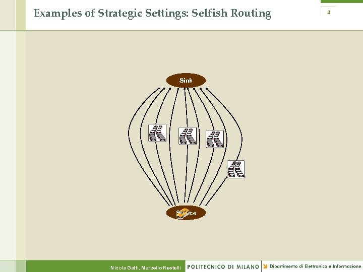 Examples of Strategic Settings: Selfish Routing Sink Source Nicola Gatti, Marcello Restelli 9 