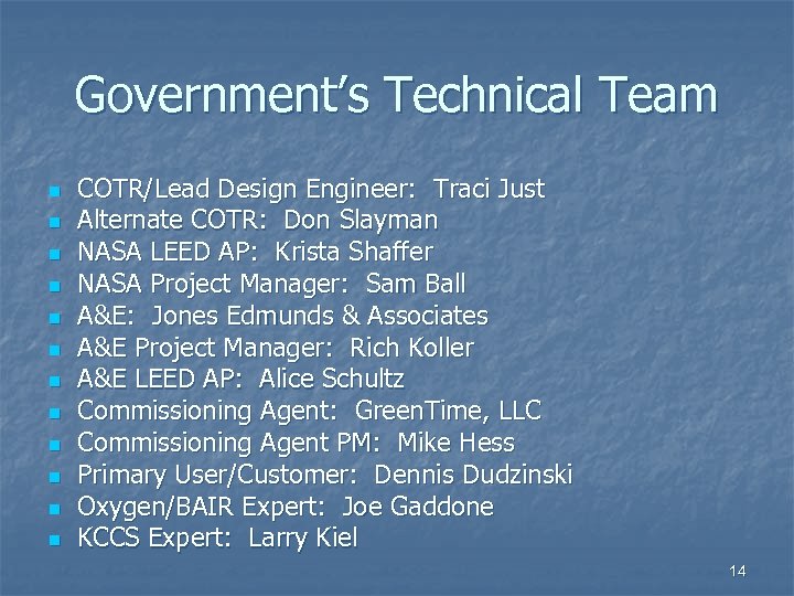 Government’s Technical Team n n n COTR/Lead Design Engineer: Traci Just Alternate COTR: Don