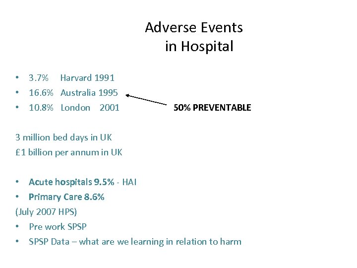 Adverse Events in Hospital • 3. 7% Harvard 1991 • 16. 6% Australia 1995