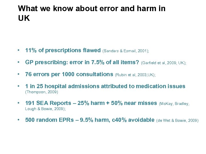 What we know about error and harm in UK • 11% of prescriptions flawed