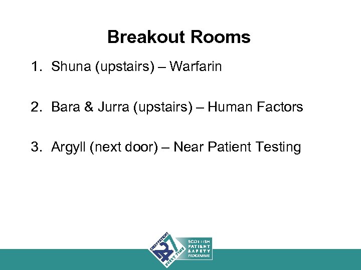 Breakout Rooms 1. Shuna (upstairs) – Warfarin 2. Bara & Jurra (upstairs) – Human