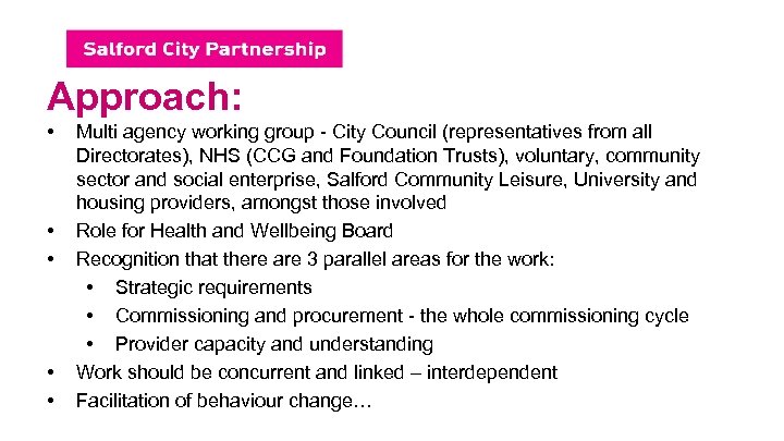 Approach: • • • Multi agency working group - City Council (representatives from all