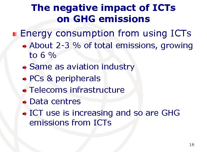 The negative impact of ICTs on GHG emissions Energy consumption from using ICTs About