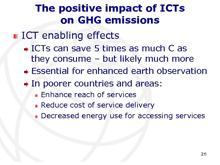 The positive impact of ICTs on GHG emissions ICT enabling effects ICTs can save
