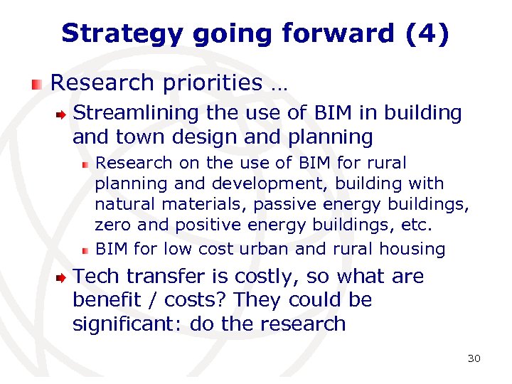 Strategy going forward (4) Research priorities … Streamlining the use of BIM in building