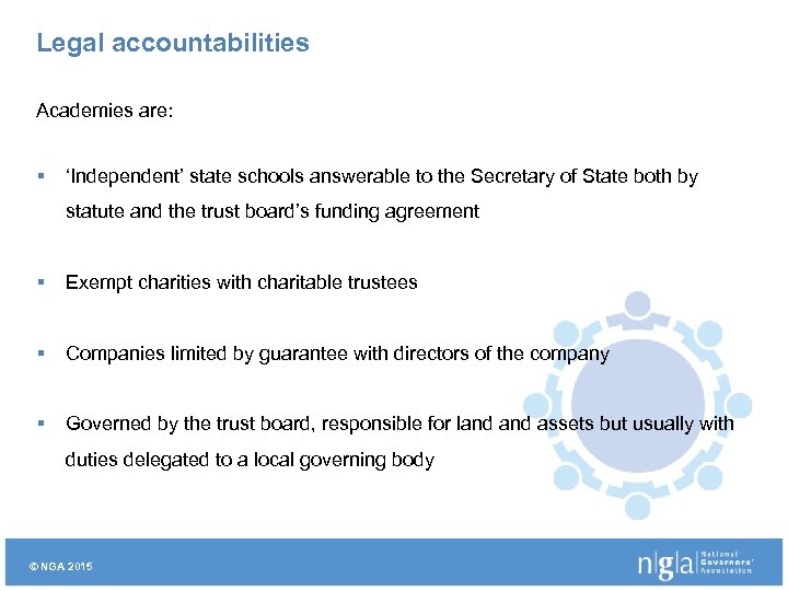 Legal accountabilities Academies are: § ‘Independent’ state schools answerable to the Secretary of State