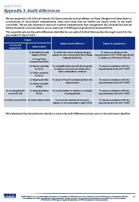 Appendices Appendix 3: Audit differences We are required by ISA (UK and Ireland) 260