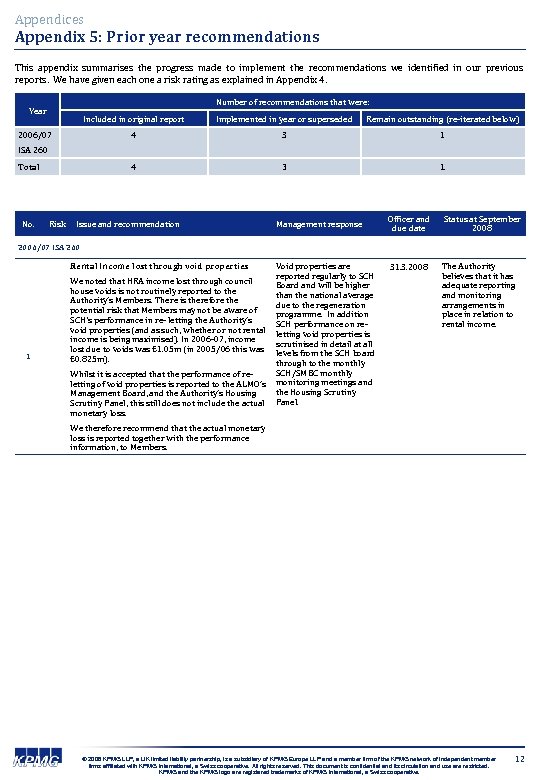 Appendices Appendix 5: Prior year recommendations This appendix summarises the progress made to implement