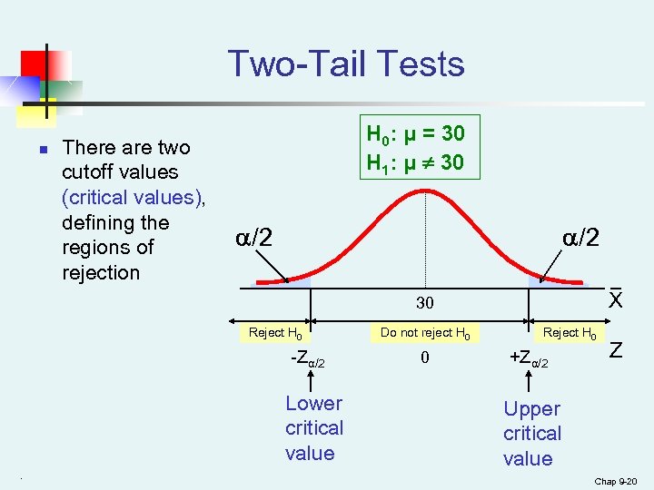 Two-Tail Tests n There are two cutoff values (critical values), defining the regions of