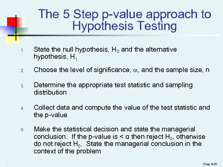 The 5 Step p-value approach to Hypothesis Testing 1. 2. 3. 4. 5. .