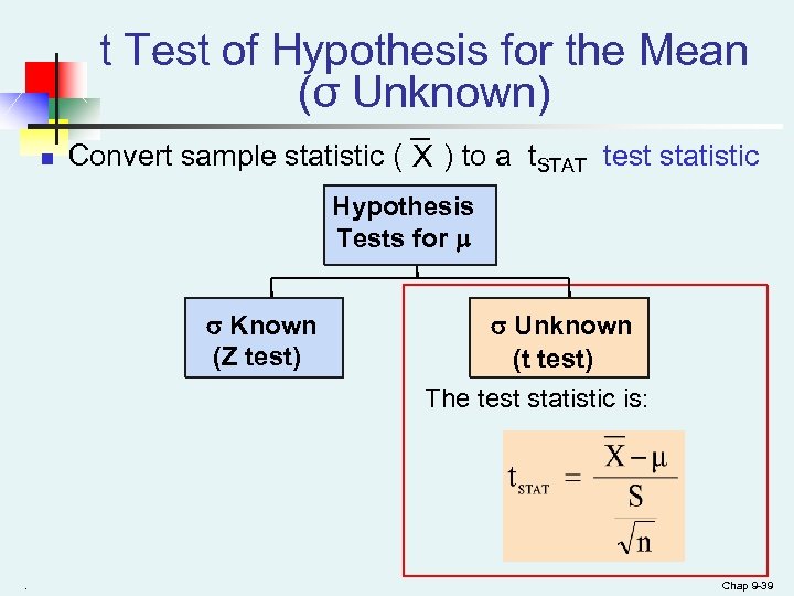 t Test of Hypothesis for the Mean (σ Unknown) n Convert sample statistic (