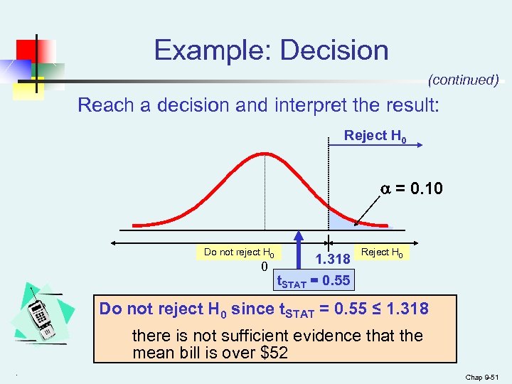 Example: Decision (continued) Reach a decision and interpret the result: Reject H 0 =