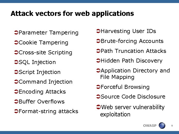 Attack vectors for web applications ÜParameter Tampering ÜHarvesting User IDs ÜCookie Tampering ÜBrute-forcing Accounts