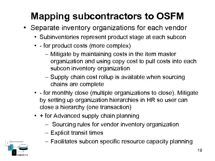 Mapping subcontractors to OSFM • Separate inventory organizations for each vendor • Subinventories represent