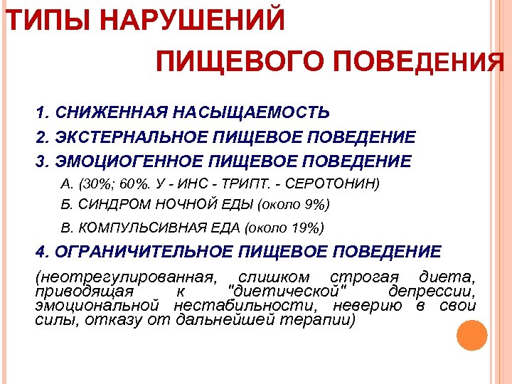 ТИПЫ НАРУШЕНИЙ ПИЩЕВОГО ПОВЕДЕНИЯ 1. СНИЖЕННАЯ НАСЫЩАЕМОСТЬ 2. ЭКСТЕРНАЛЬНОЕ ПИЩЕВОЕ ПОВЕДЕНИЕ 3. ЭМОЦИОГЕННОЕ ПИЩЕВОЕ