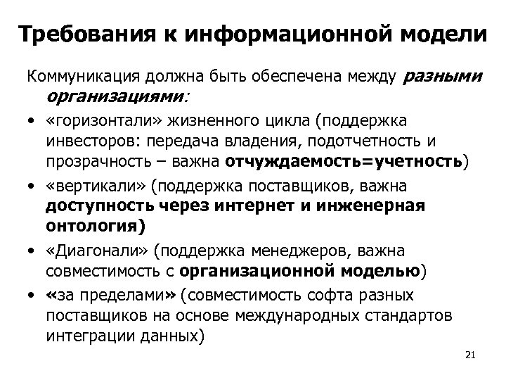 Требования к информационной модели Коммуникация должна быть обеспечена между разными организациями: • «горизонтали» жизненного