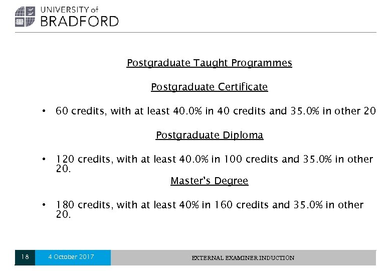 Postgraduate Taught Programmes Postgraduate Certificate • 60 credits, with at least 40. 0% in