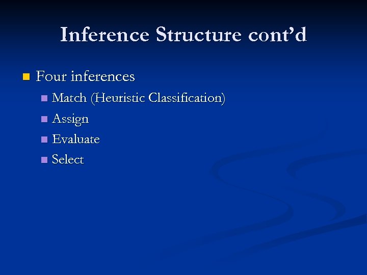 Inference Structure cont’d n Four inferences Match (Heuristic Classification) n Assign n Evaluate n