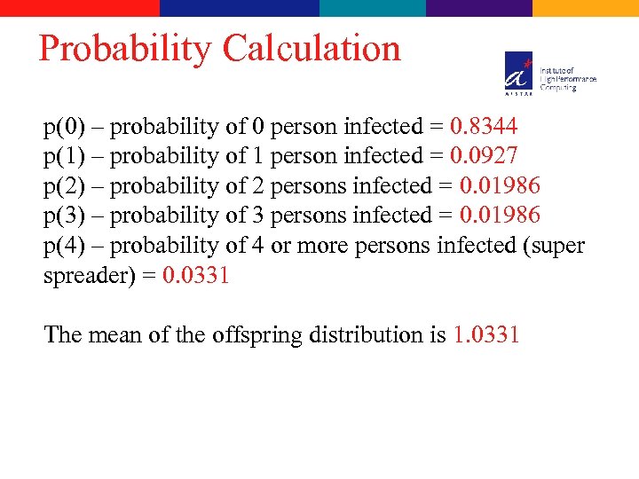 Probability Calculation p(0) – probability of 0 person infected = 0. 8344 p(1) –
