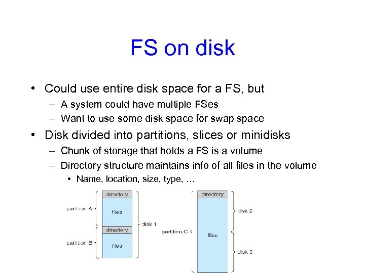 FS on disk • Could use entire disk space for a FS, but –