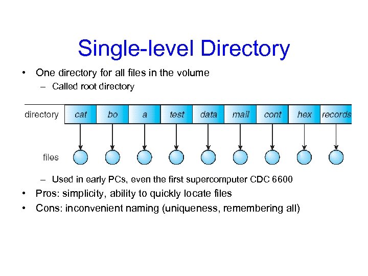Single-level Directory • One directory for all files in the volume – Called root