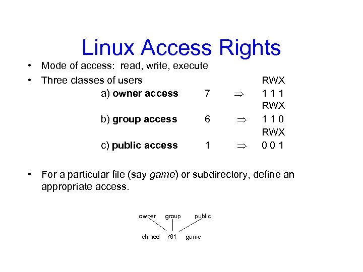 Linux Access Rights • Mode of access: read, write, execute • Three classes of