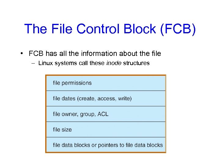 The File Control Block (FCB) • FCB has all the information about the file