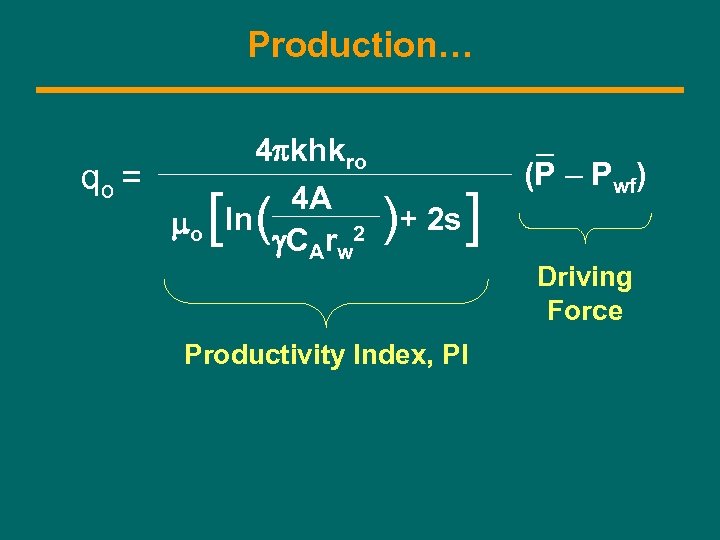 Production… qo = mo 4 pkhkro 4 A ln g. CArw 2 [ (