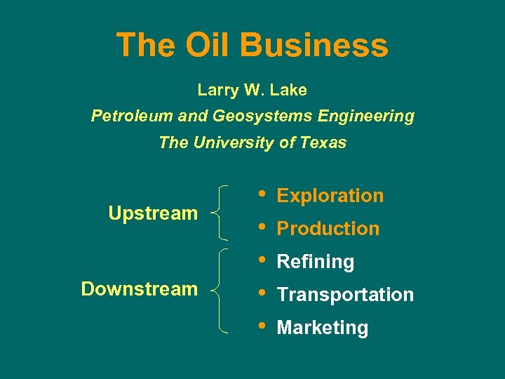 The Oil Business Larry W. Lake Petroleum and Geosystems Engineering The University of Texas
