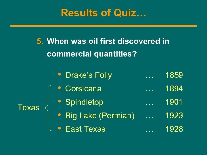 Results of Quiz… 5. When was oil first discovered in commercial quantities? Texas •