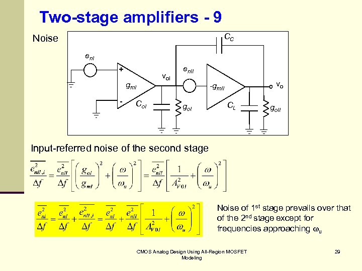 Two-stage amplifiers - 9 CC Noise en. I + vo. I gm. I -