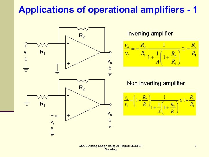 Applications of operational amplifiers - 1 Inverting amplifier R 2 + vi - R