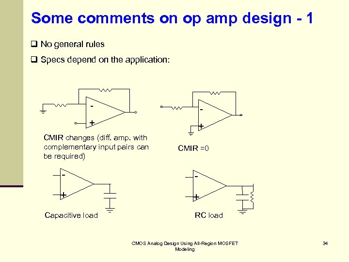 Some comments on op amp design - 1 q No general rules q Specs