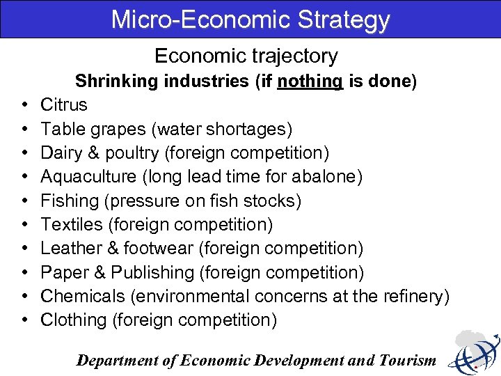 Micro-Economic Strategy Economic trajectory • • • Shrinking industries (if nothing is done) Citrus