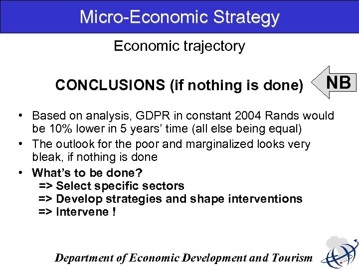 Micro-Economic Strategy Economic trajectory CONCLUSIONS (if nothing is done) NB • Based on analysis,