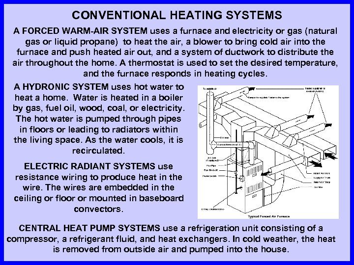 CONVENTIONAL HEATING SYSTEMS A FORCED WARM-AIR SYSTEM uses a furnace and electricity or gas