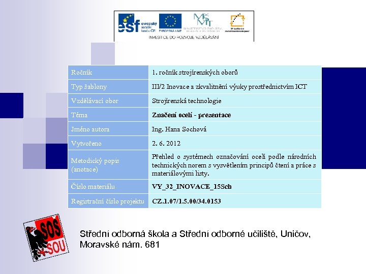 Ročník 1. ročník strojírenských oborů Typ šablony III/2 Inovace a zkvalitnění výuky prostřednictvím ICT