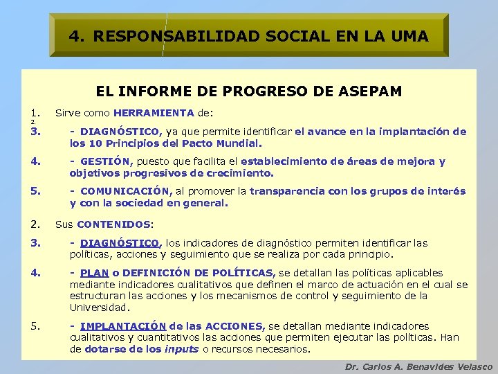 4. RESPONSABILIDAD SOCIAL EN LA UMA EL INFORME DE PROGRESO DE ASEPAM 1. 2.