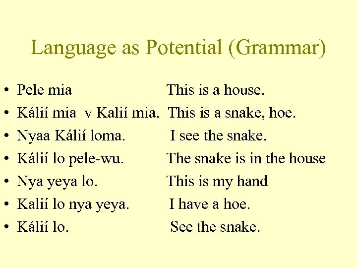 Language as Potential (Grammar) • • Pele mia Kálií mia v Kalií mia. Nyaa